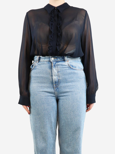 Navy blue sheer silk ruffled blouse - size UK 16 Tops Max Mara Studio 