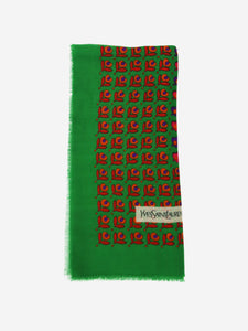 Saint Laurent Green floral branded frilled scarf