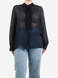 Max Mara Studio Navy blue sheer silk ruffled blouse - size UK 16