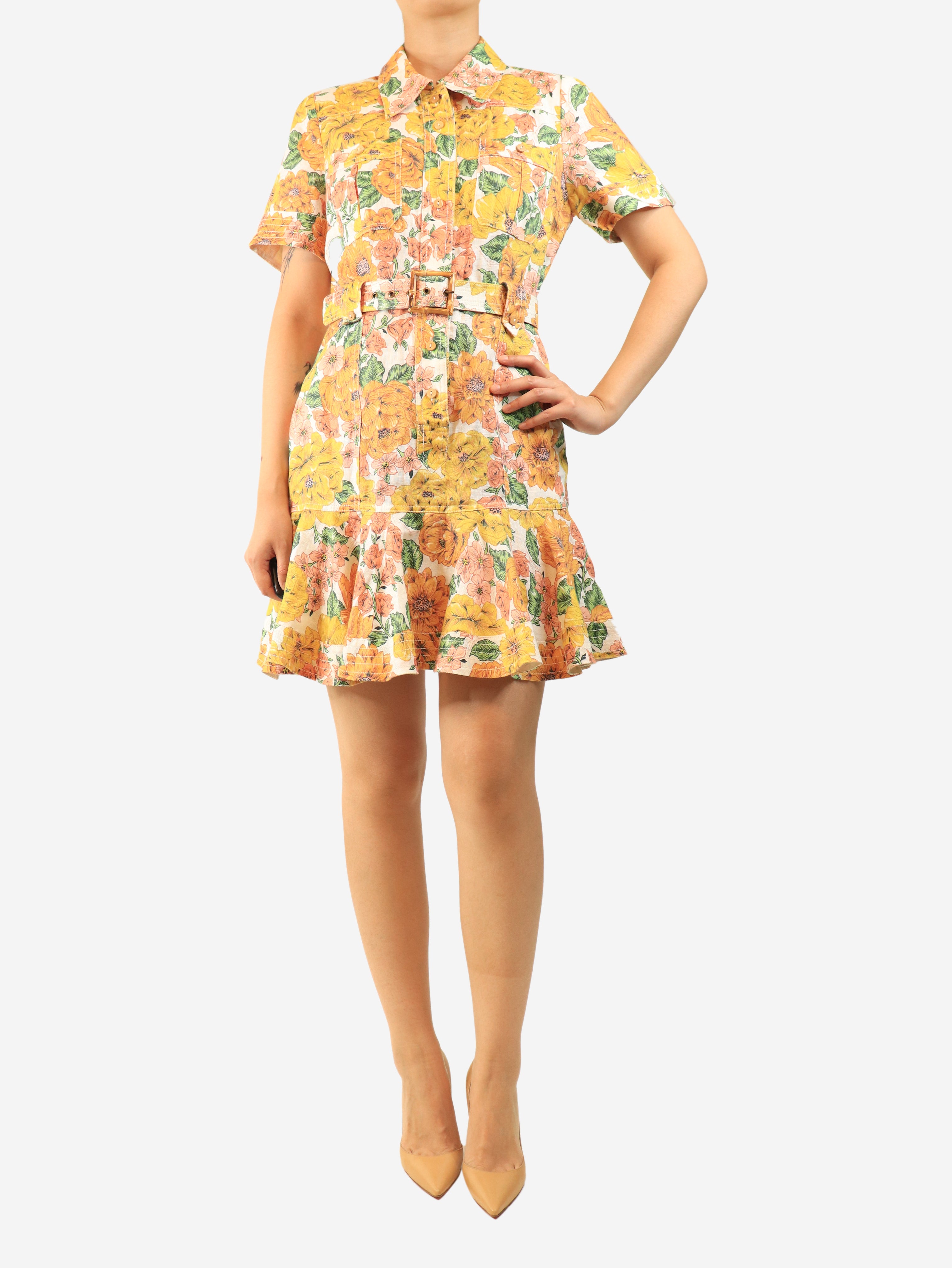 Beige floral swing dress - size UK 10