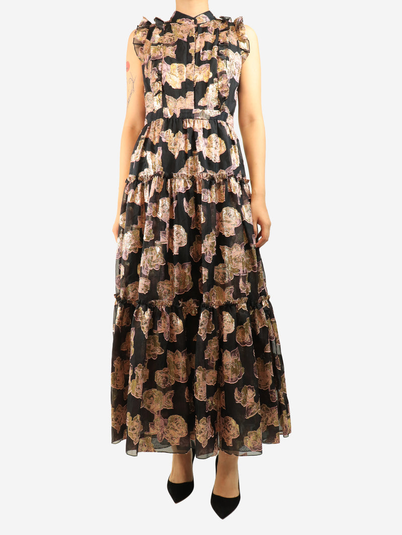 Black and purple lurex jacquard maxi dress - size UK 8