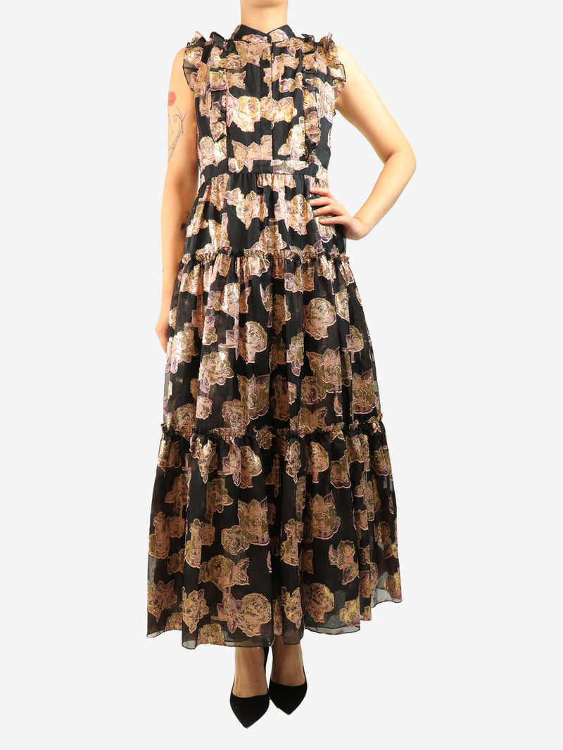 Black and purple lurex jacquard maxi dress - size UK 8