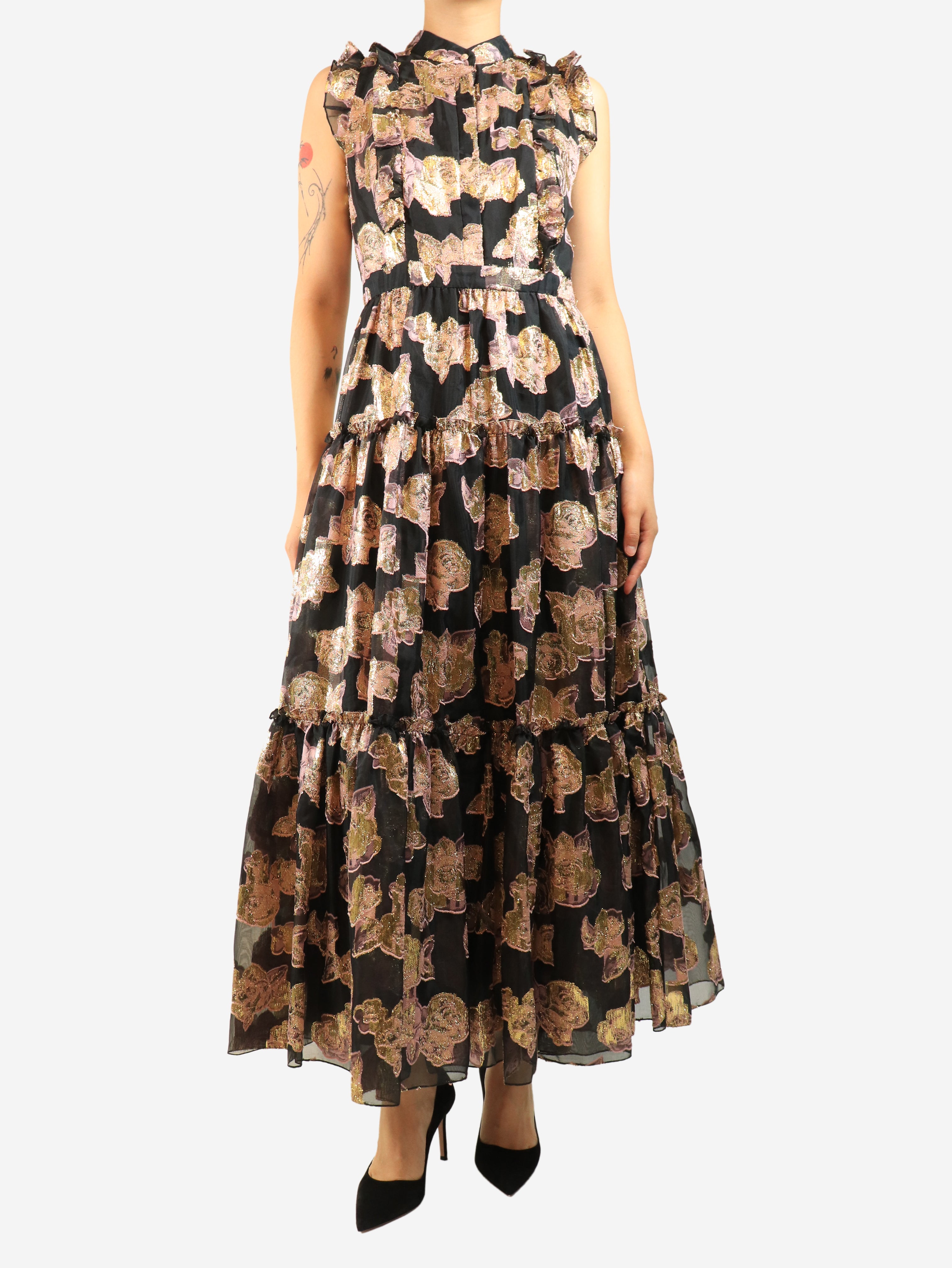 Black and purple lurex jacquard maxi dress - size UK 8