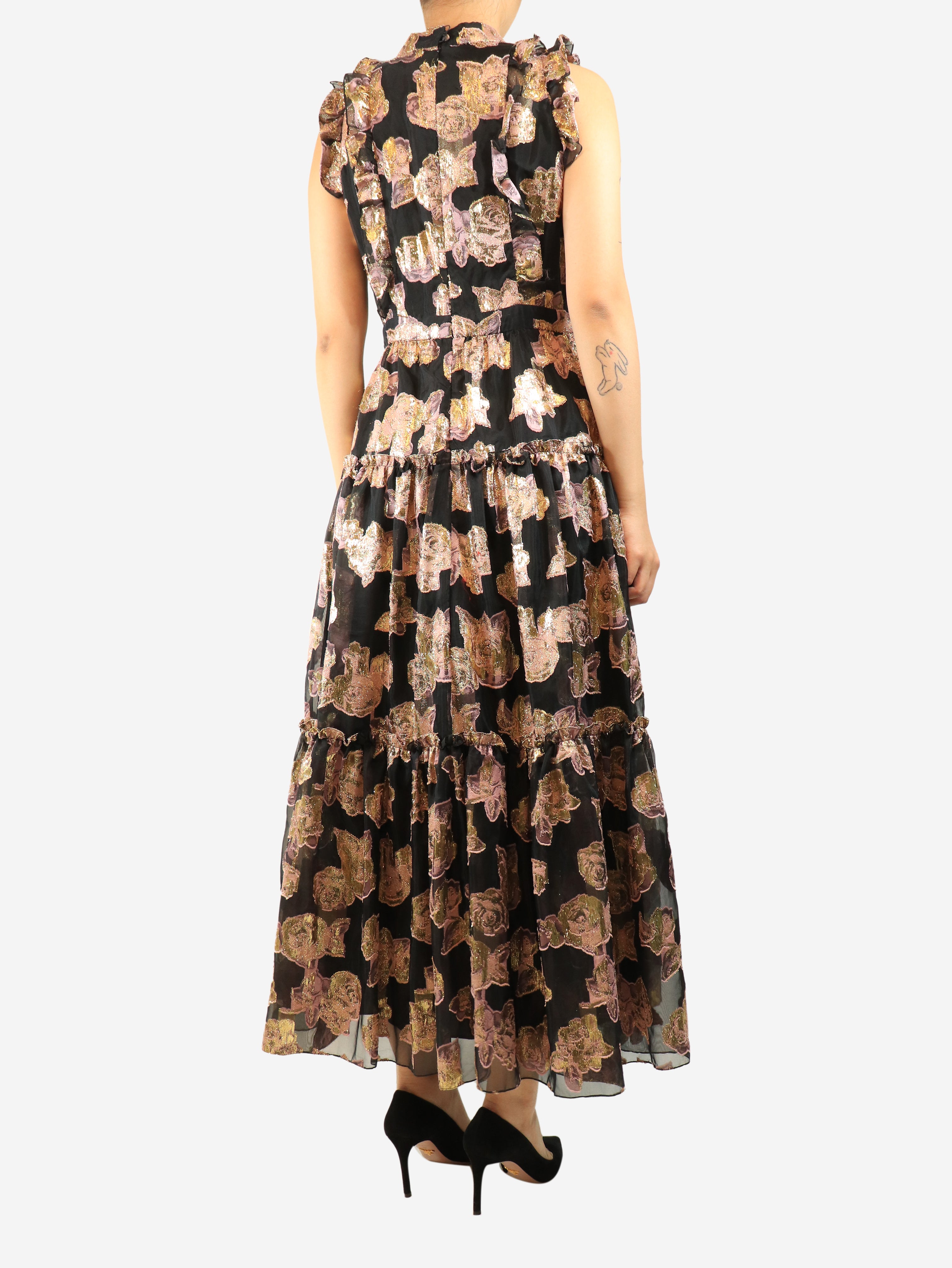 Black and purple lurex jacquard maxi dress - size UK 8