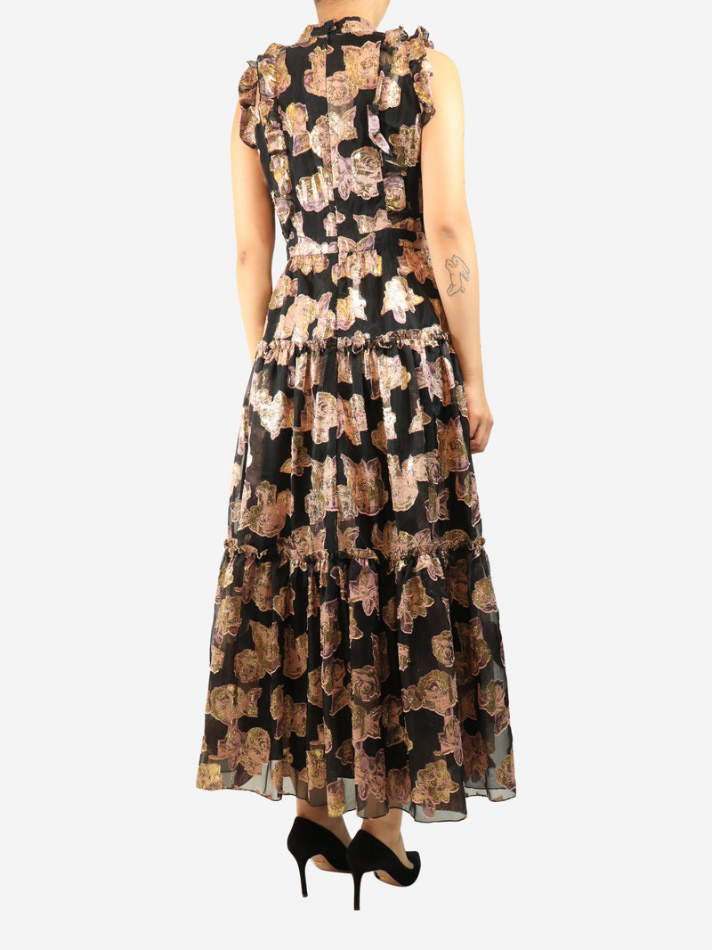 Black and purple lurex jacquard maxi dress - size UK 8