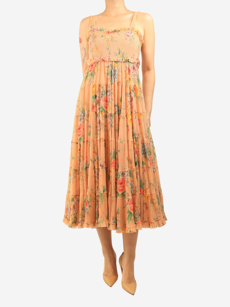 Peach shirred floral midi dress - size UK 10 Dresses Zimmermann 