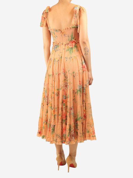 Peach shirred floral midi dress - size UK 10 alternate image