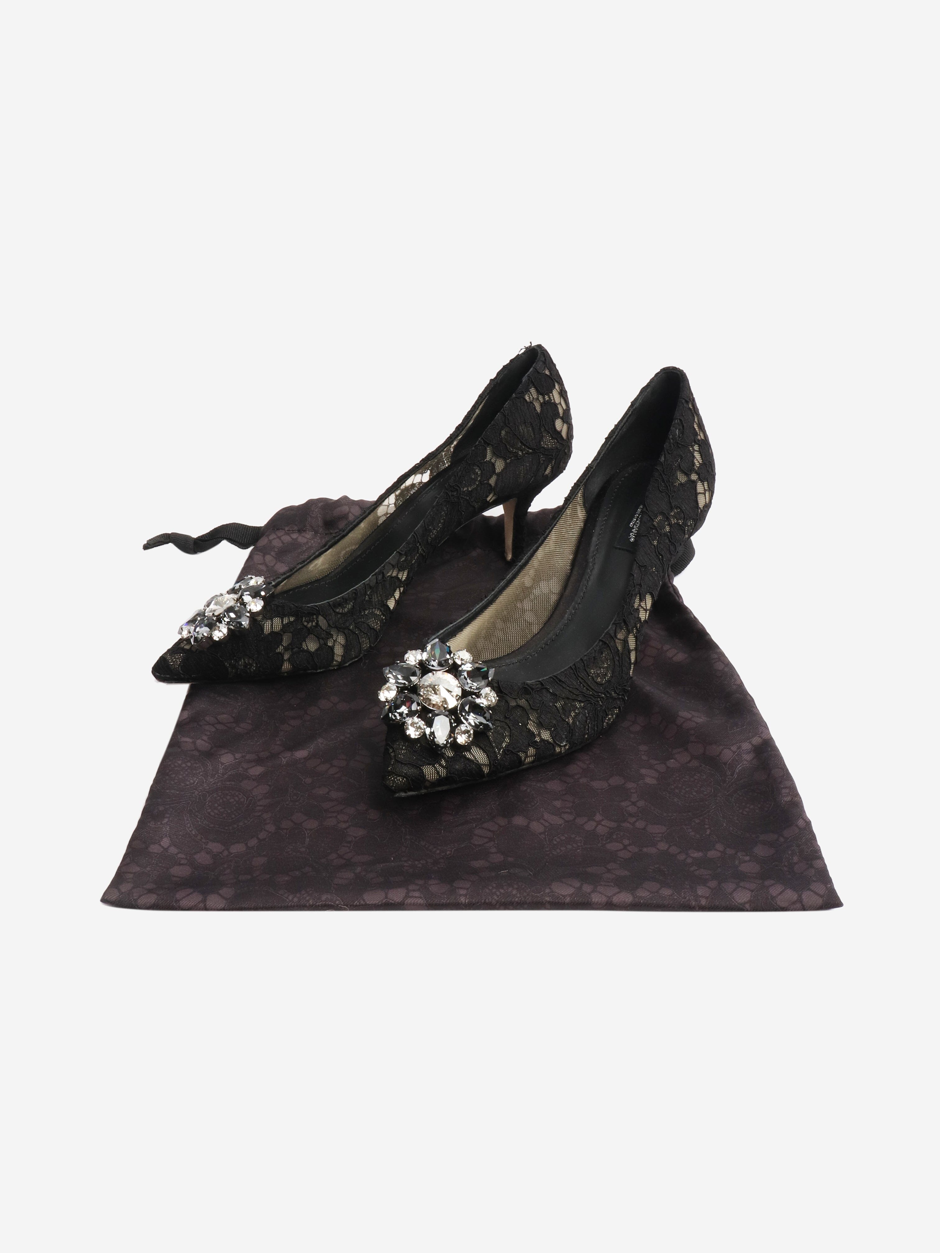Black bejewelled lace pumps - size EU 39.5 Heels Dolce & Gabbana 