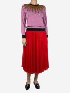 Celine Red semi-sheer pleated midi skirt - size UK 8