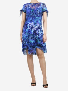 Elie Tahari Blue floral-printed ruffle silk midi dress - size UK 10