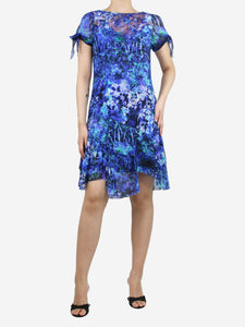 Elie Tahari Blue floral-printed ruffle silk midi dress - size UK 10