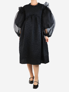 Simone Rocha Black sheer puff-sleeved cloque midi dress - size UK 10