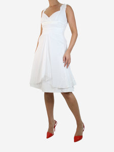 Celine White V-neckline ruffle trim midi dress - size UK 12