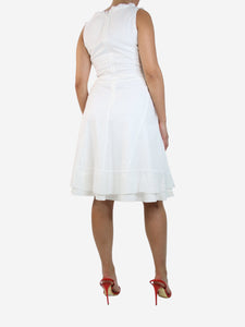 Celine White V-neckline ruffle trim midi dress - size UK 12