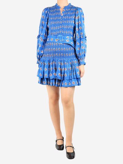 Blue belted floral shirred mini dress - size S Dresses ByTimo 