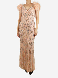 Jenny Packham Peach Bellini gown with feather trim - size UK 14