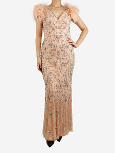 Jenny Packham Peach Bellini gown with feather trim - size UK 14