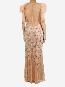 Jenny Packham Peach Bellini gown with feather trim - size UK 14