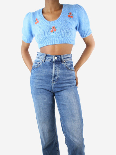 Blue cropped floral cable-knit jumper - size UK 6
