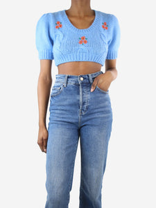 Alessandra Rich Blue cropped floral cable-knit jumper - size UK 6