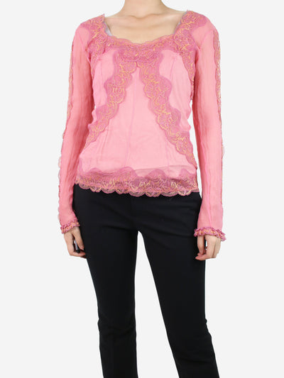 Pink sheer lace-trimmed blouse - size UK 12 Tops Dolce & Gabbana 