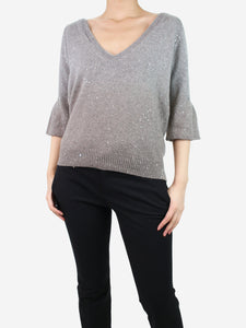Brunello Cucinelli Grey ombre deep v-neck jumper with bell sleeves - size XL