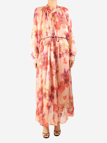 Pink floral chiffon midi dress - size UK 12 product image