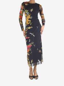 Jean Paul Gaultier Black floral-printed mesh midi dress - size S