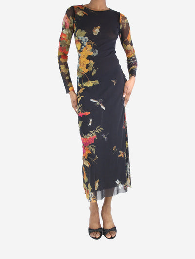 Black floral-printed mesh midi dress - size S