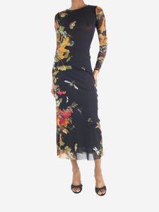 Jean Paul Gaultier Black floral-printed mesh midi dress - size S