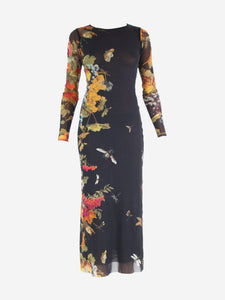 Jean Paul Gaultier Black floral-printed mesh midi dress - size S