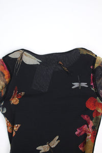 Jean Paul Gaultier Black floral-printed mesh midi dress - size S