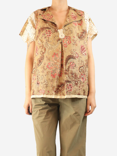 Brown crocheted cotton and floral-print linen shirt - One size Tops Thank You Have A Good Day 