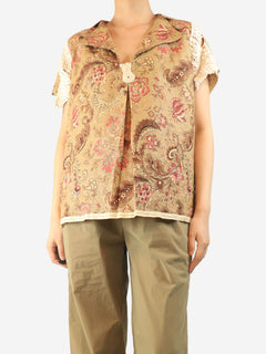 Brown crocheted cotton and floral-print linen shirt - One size Tops Thank You Have A Good Day 