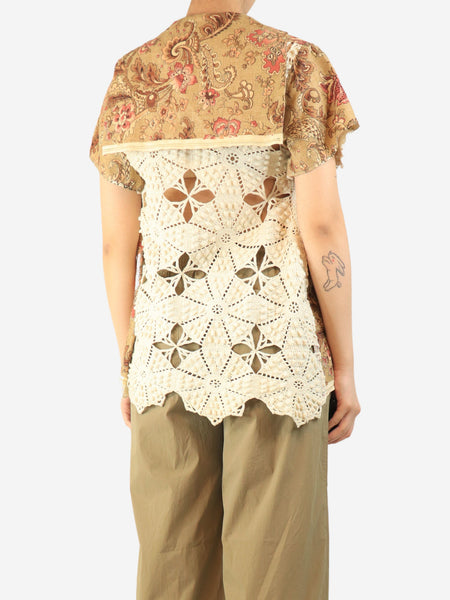 Brown crocheted cotton and floral-print linen shirt - One size alternate image