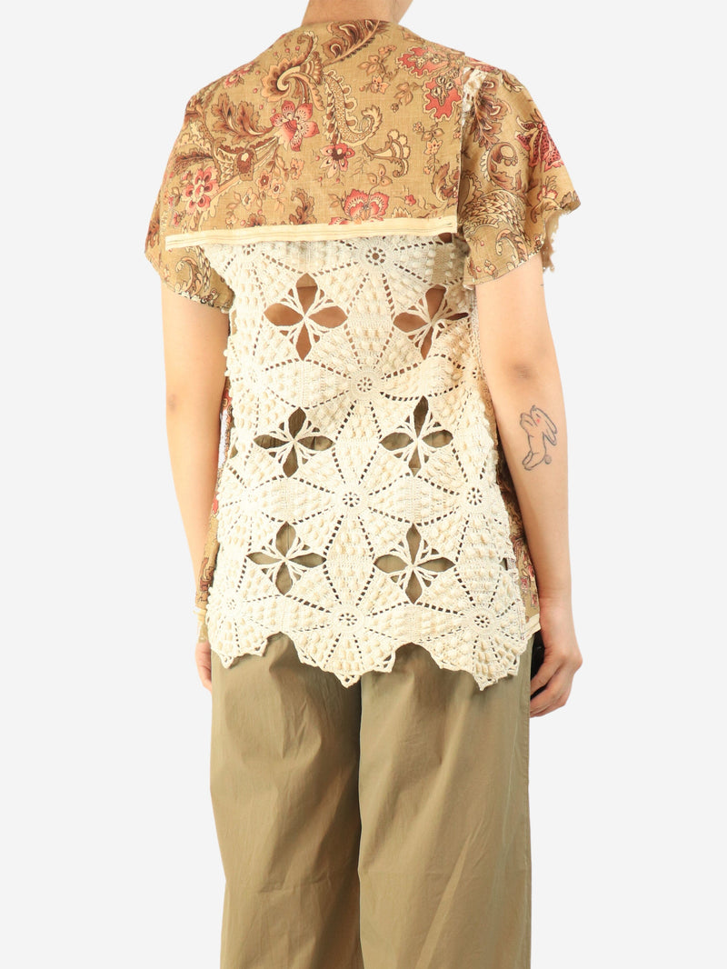 Brown crocheted cotton and floral-print linen shirt - One size Tops Thank You Have A Good Day 