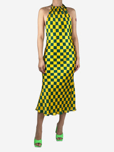 Olivia Rubin Yellow chequerboard print halter neck midi dress - size UK 12