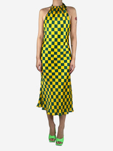 Olivia Rubin Yellow chequerboard print halter neck midi dress - size UK 12