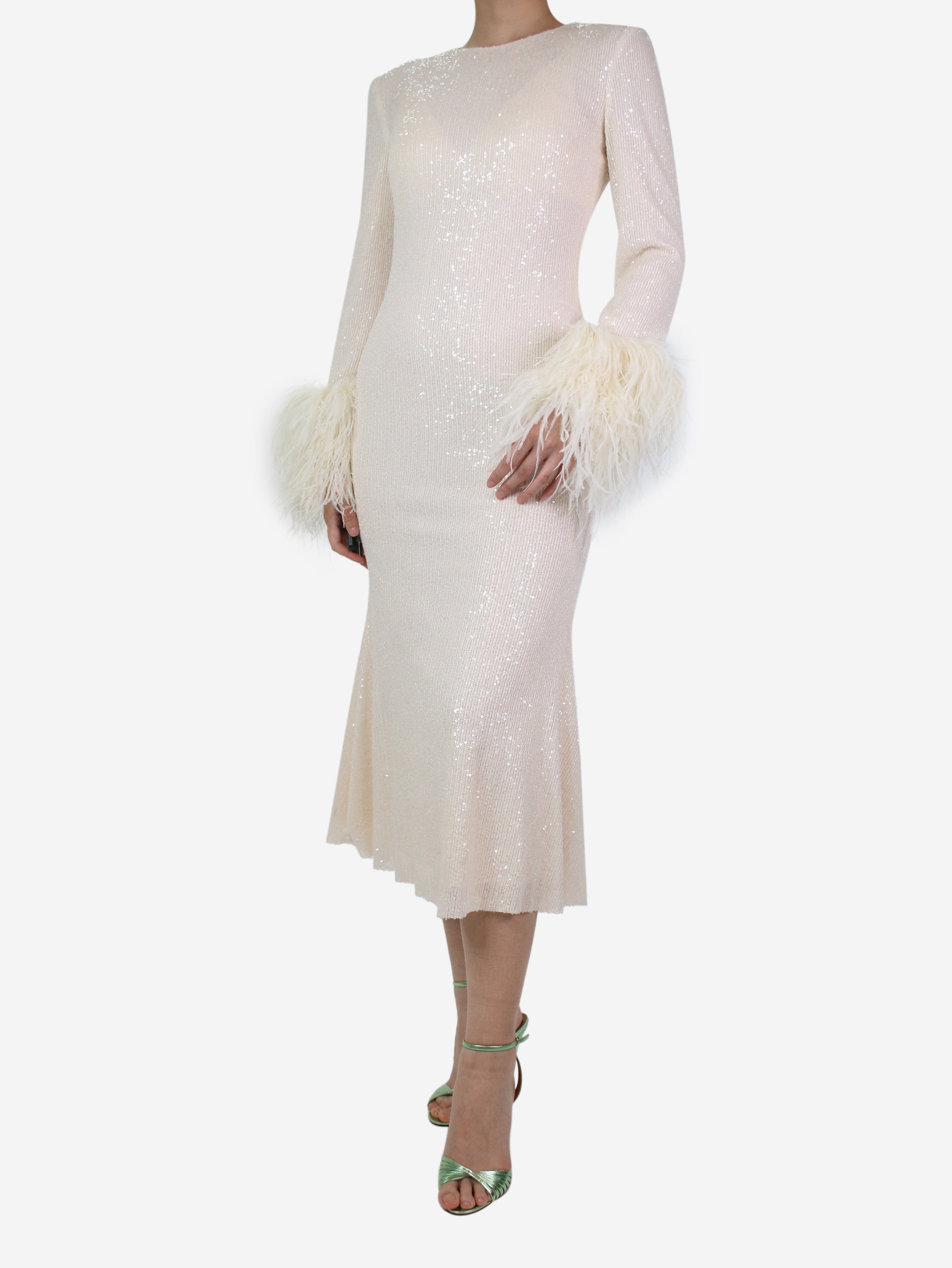 Cream feather-trimmed sequined dress - size UK 10