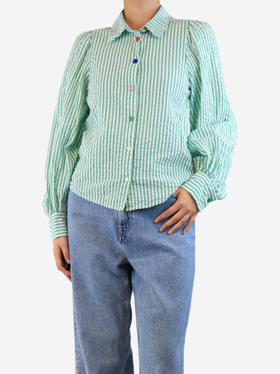 Green striped seersucker cotton blouse - size UK 6 Tops Erotokritos 
