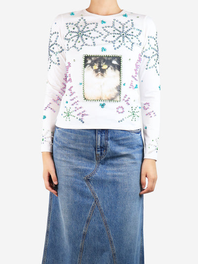 White kitty beaded jersey top - size M Tops Chopova Lowena 