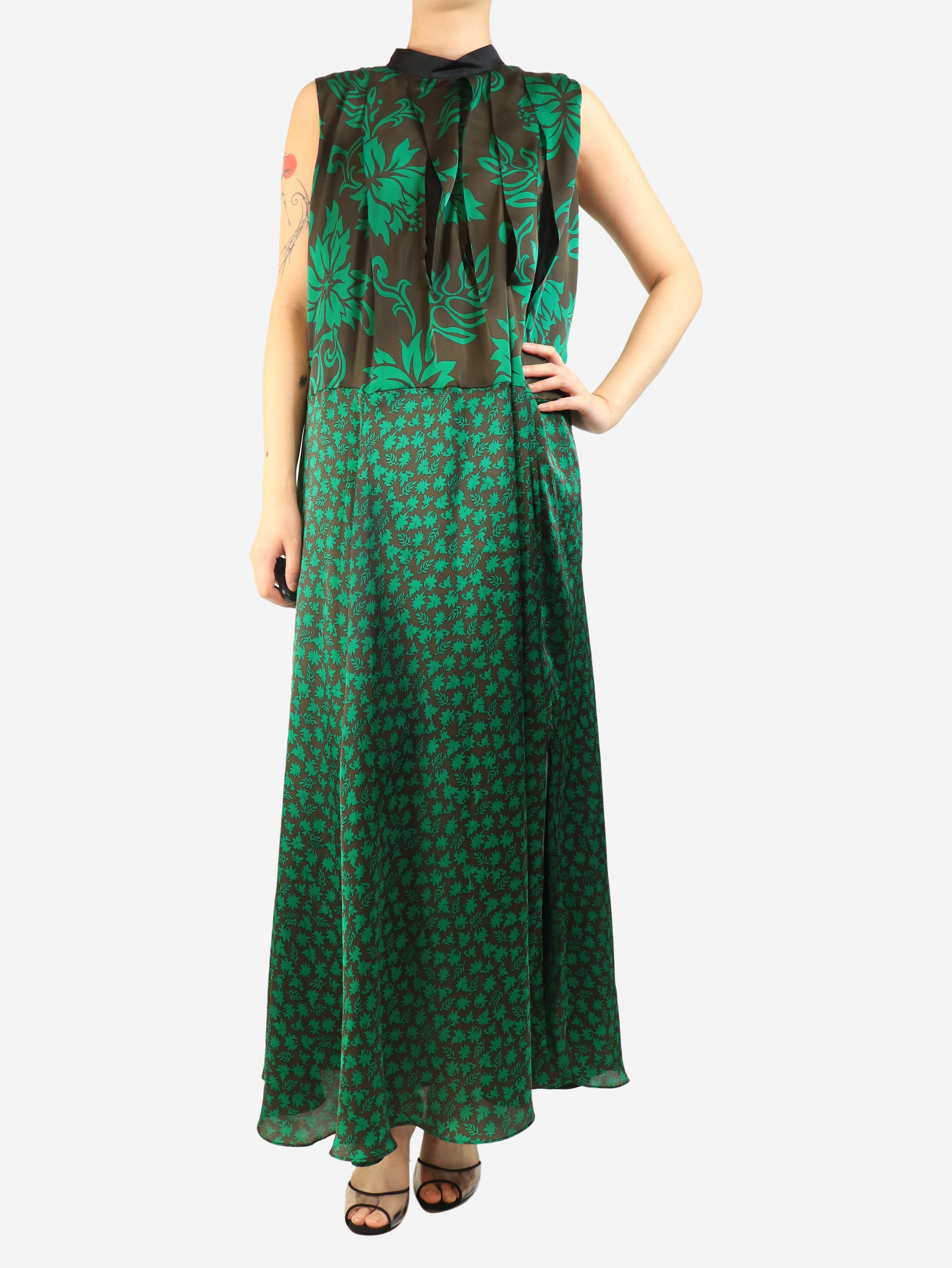 Green and black floral pleated maxi dress - size UK 12 Dresses Sacai 
