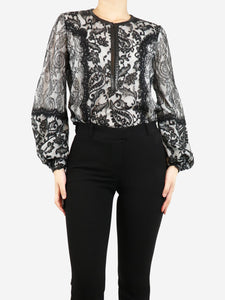 Andrew GN Black zip-up floral lace top - size UK 8