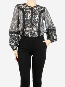 Andrew GN Black zip-up floral lace top - size UK 8