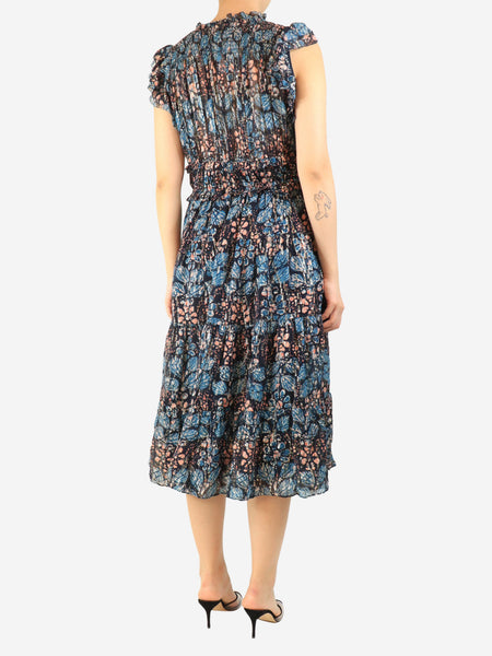 Blue printed lurex midi dress - size UK 14 alternate image