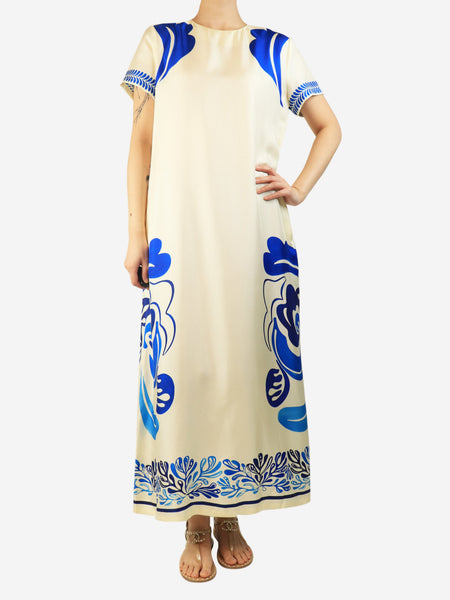 Blue and cream printed swing dress - size L product image