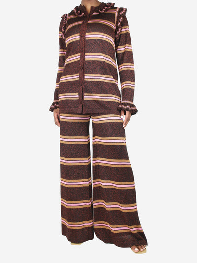 Brown shimmer striped frill cardigan and trousers set - size L Sets Hayley Menzies 