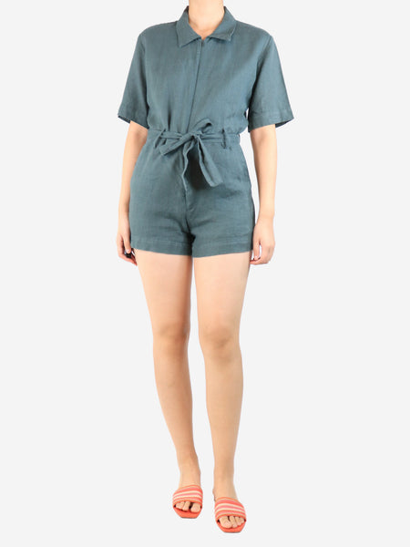 Green belted linen playsuit - size S product image