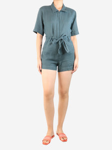Rivet Utility Green belted linen playsuit - size S