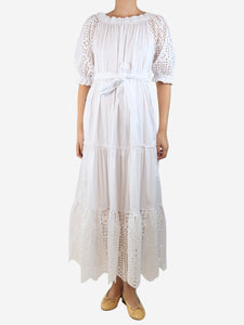 D.Exterior White belted broderie-anglaise midi dress - size UK 8
